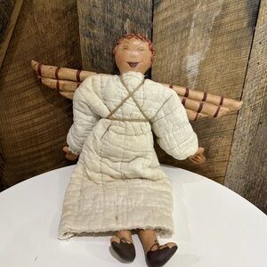 Vintage Handmade Hand Painted Gessoed Angel Doll With Wings Old Quilt Dress READ